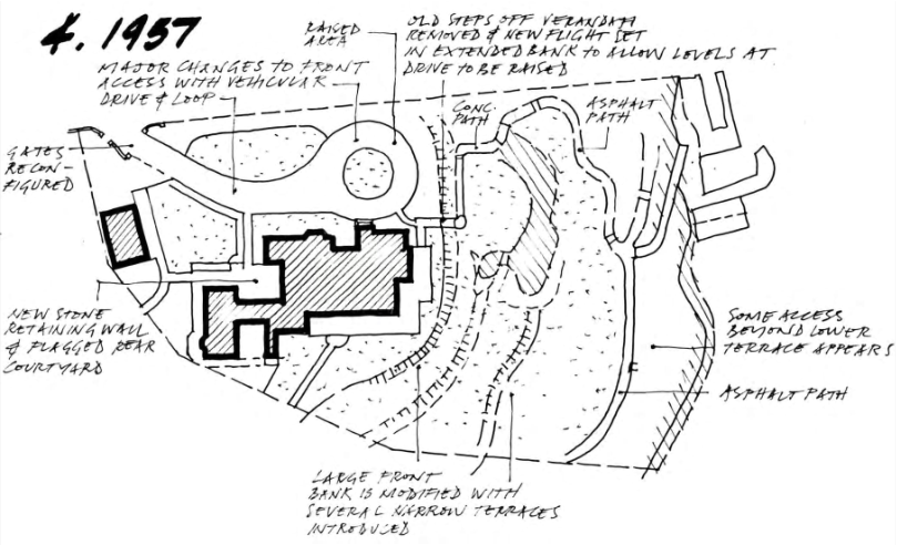 A picture of a Kirribilli House map sketch circa 1957, outlining key areas of the property's grounds and its evolution over time