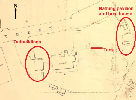A picture of a Kirribilli House map drawing, outlining the residences outbuildings, tank and bathing pavilion and boat house 