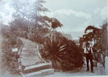 A black and white image of a man standing on the Kirribilli House gardens path