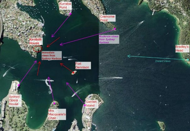 A picture of an aerial shot map of the harbour near Kirribilli House outlining the significant views