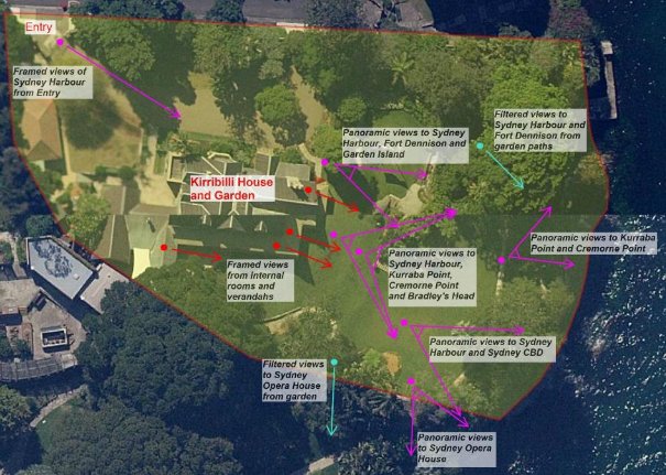 A picture of an aerial shot map of Kirribilli House grounds highlighting the significant views seen from the property