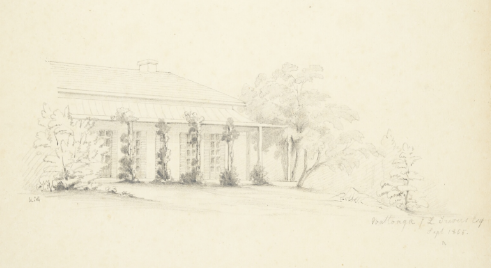 A faded sketch of the early designs for Admiralty House which is small and surrounded by trees and bushes along structure of the home
