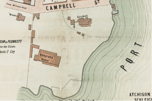 A picture of a map outlining where Kirribilli and Admiralty House are located on Kirribilli Point, across a body of water from the harbour  