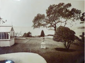 A black and white picture of Kirribilli House grounds with a singular small tree and water feature in front of the property with larger trees and the harbour in the surrounds