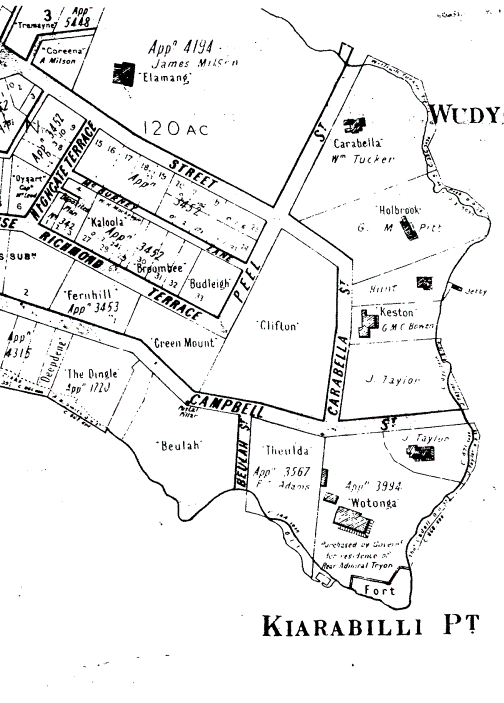 A picture of a drawn map outlining areas of Kirribilli point