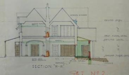 A picture of a drawing of Kirribilli House with the bottom and parts of the middle and top coloured in