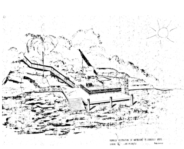 A black and white sketch of a dock by the harbour