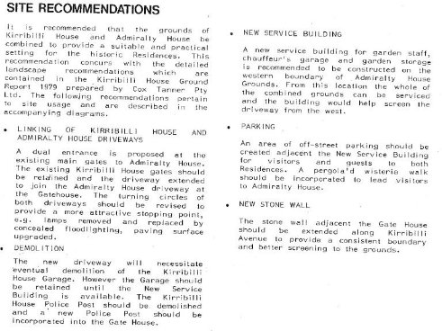 A close-up picture of a document with site recommendations for Kirribilli House 
