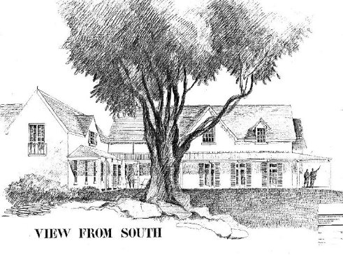 A picture of a sketch of a proposed Kirribilli House view with the property in the middle and a large tree infront of the wall and hedging bushes surrounding the property