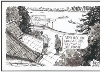 A picture of a comic cartoon drawing of two men overlooking the harbour from Kirribilli House 