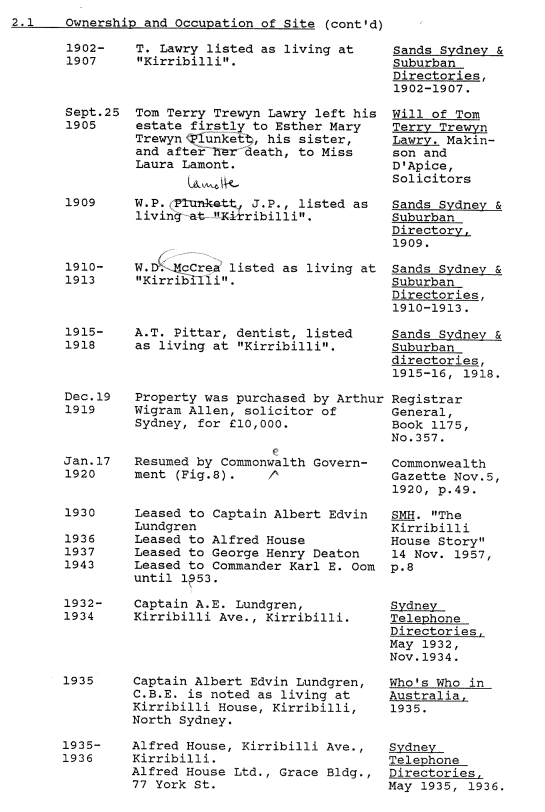A picture of a document with remarks regarding Kirribilli House's historical summaries