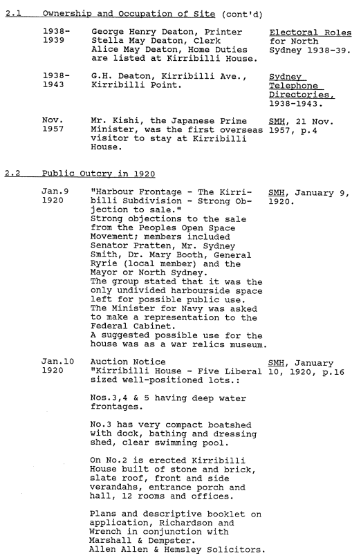 A picture of a document with remarks regarding Kirribilli House's historical summaries