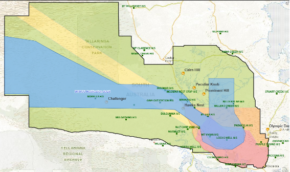 A map depicting the Woomera Prohibited Area, in Woomera, South Australia. Blue shading over the green zone indicates the area that is excluded for the periods mentioned in the instrument. 