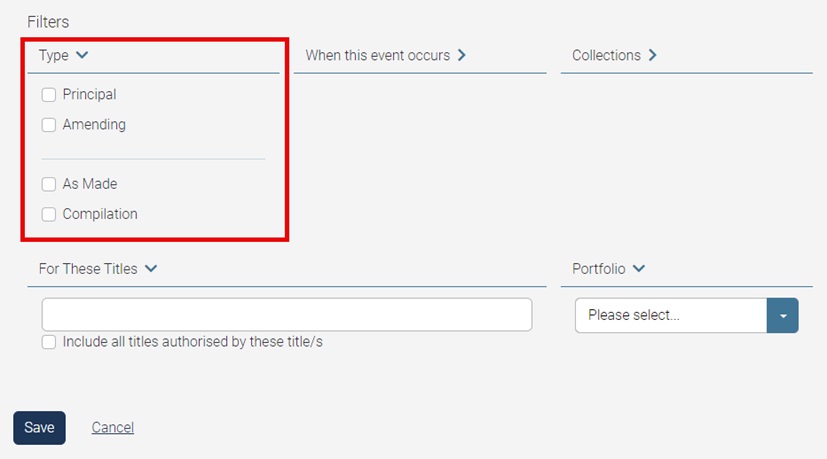 A screenshot showing the filter options under the type category.